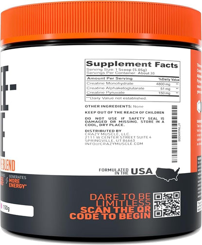 Crazy Muscle Creatine Monohydrate Powder - 5000mg Premium 3X ThreeAtine Pre Workout Mass Gainer - High Absorption Easy-to-Take Powder Optimum Performance for Men & Women - 30 Servings
