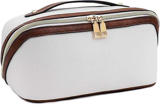 Stylish Makeup Bag Organizer Travel Case for Women Cosmetic Bag for Toiletries and Makeup Waterproof Leather Cosmetic Bag Perfect Fit Home or on the Go (B-White/Brown)