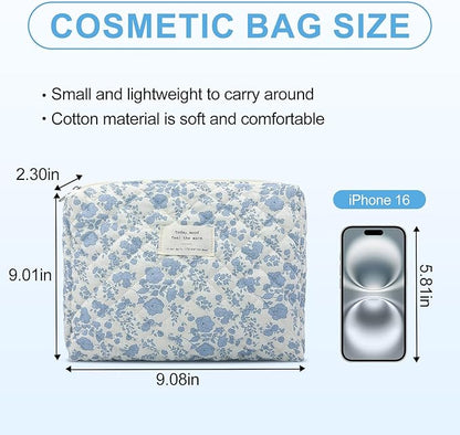 Quilted Makeup Bag,Medium Travel Floral Cosmetic Bag Cute Pouch,Cotton Makeup Brushes Storage Bag for Women
