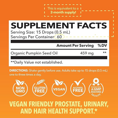 Organic Pumpkin Seed Oil for Prostate Health, Hormone Balance, Hair Health - Pumpkin Oil Supports Hair and Eyelash Health - 100% Cold Pressed Pumpkin Seed Extract - Non-GMO, Vegan, Unflavored, 30mL