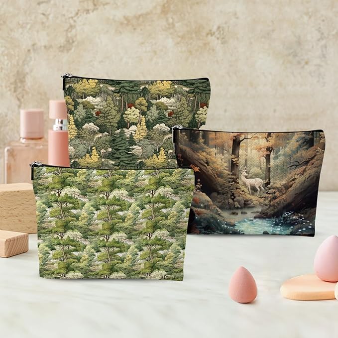 3pcs Cosmetic Bags for Women Makeup Bag, Bachelorette Party Favors Christmas Birthday Friendship Gifts for Women Girl Mom Sister Bestie Travel Toiletry Bag Skin Care Bag, Vintage Forest Deer Patterns