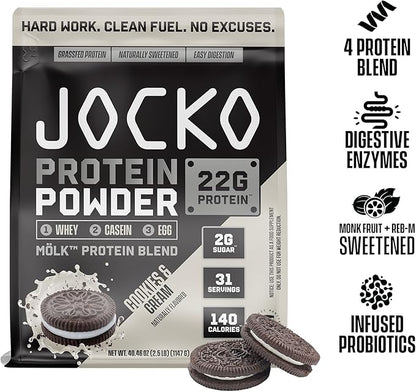 Jocko Mölk Whey Protein Powder - Keto, Probiotics, Grass Fed, Digestive Enzymes, Amino Acids, Sugar Free Monk Fruit Blend - Supports Muscle Recovery & Growth (2 LB, Cookies & Cream)