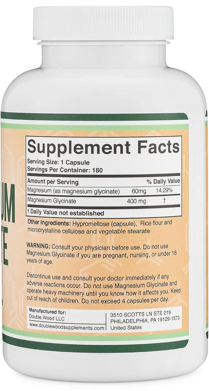 Magnesium Glycinate 400mg, 180 Capsules (Vegan Safe, Third Party Tested, Gluten Free, Non-GMO) High Absorption Magnesium by Double Wood Supplements