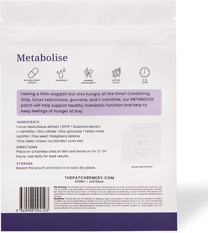 The Patch Remedy Metabolise Patches | 30 Topical Patches | Waterproof | Ingredients Including 5HTP, Guarana Extract, L- carnitine and Lecithin | Lasts 12-24 Hours