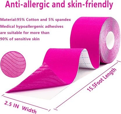 Kinesiology Tape Pro 2 Rolls, 2 Inch High Elasticity Sports Tape Therapeutic Pain Relief–Physio Tape for Muscle Recovery & Joint Support, Waterproof & Hypoallergenic & Breathable–Pink