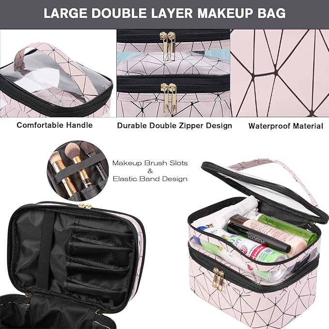 FITINI 3 Pieces Makeup Bags Double Layer Travel Large Cosmetic Cases Organizer Toiletry Bags Waterproof Small Zipper Pouch for Women Makeup Brush Storage Bag,Blush Pink