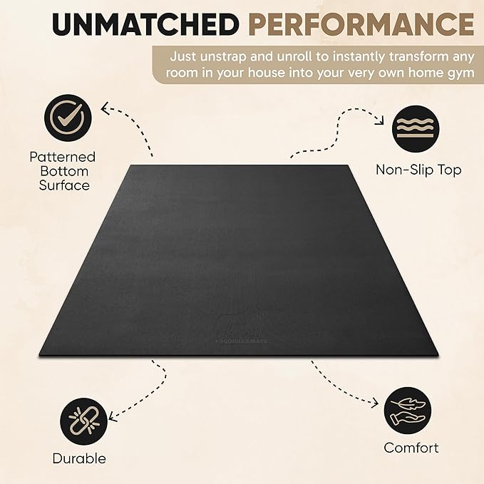 Gorilla Mats Premium Large Exercise Mat – 8' x 4' x 1/4" Ultra Durable, Non-Slip, Workout Mat for Instant Home Gym Flooring – Works Great on Any Floor Type or Carpet – Use With or Without Shoes