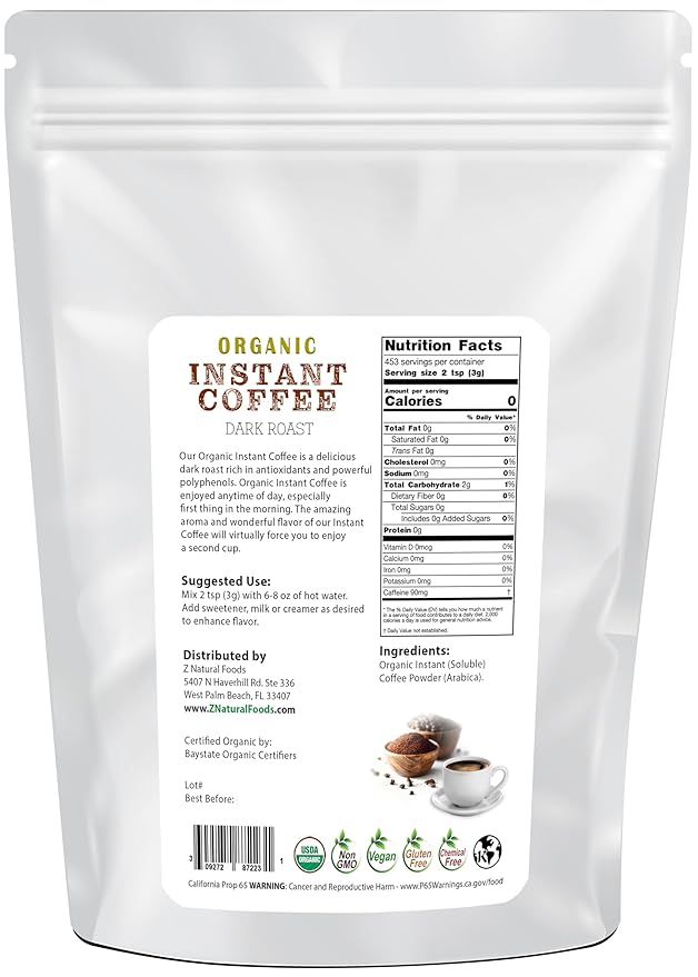 Organic Instant Coffee Powder, Dark Roast Delight, Rich in Immune-Supporting Antioxidants, Boosts Mood, Energy, and Memory, Enjoy Hot Or Iced, Gluten-Free, Vegan, Non-GMO, 3 lb.