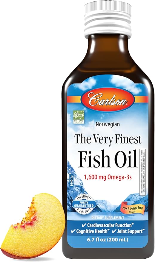 Carlson - The Very Finest Fish Oil, 1600 mg Omega-3s, Liquid Fish Oil Supplement, Norwegian Fish Oil, Wild-Caught, Sustainably Sourced Fish Oil Liquid, Just Peachie, 200 mL (6.7 Fl Oz)