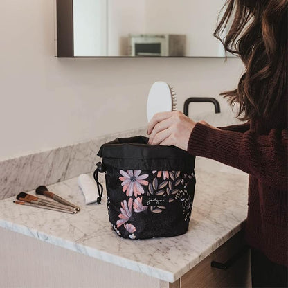 Jadyn Durable Cinch Top Makeup Organizer - Compact Travel Makeup Bag - 7 Interior Pockets for Cosmetics - Drawstring Toiletry Travel Bag for Women - 6L Storage Capacity - (Black Floral)