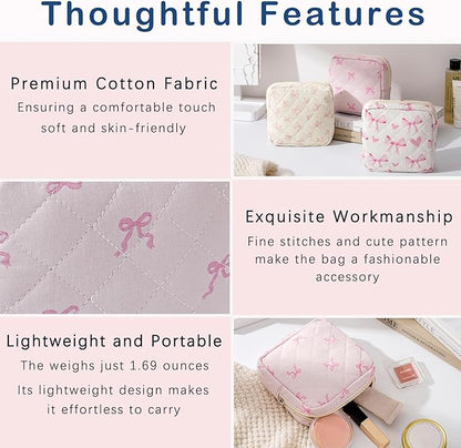 Small Quilted Cotton Makeup Bag for Purse, Cosmetic Bag with Compartments, Cotton Aesthetic Makeup Bag, Travel Toiletry Pouch, Lipstick Bag Card Holder Data Cable Organizer (11Small pink bow)