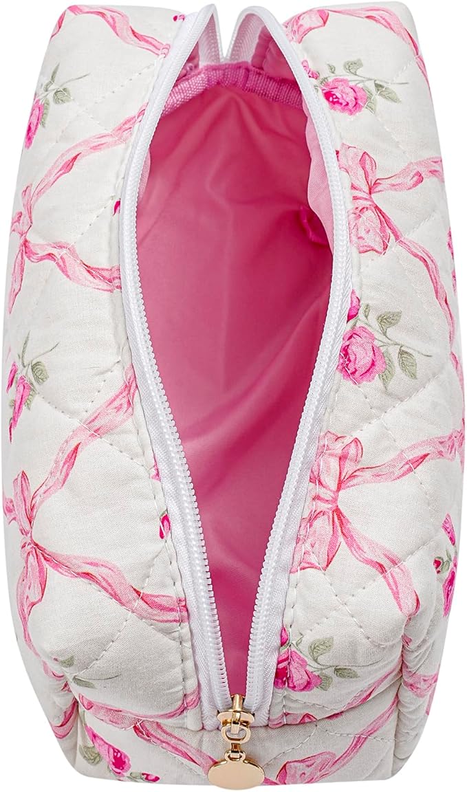 Quilted Cotton Makeup Bag Travel Cosmetic Bag for Women Girls, Zipper Make Up Pouch, Bow Pattern Toiletry Organizer Makeup, Portable Storage Bag (Pink Bowknot)