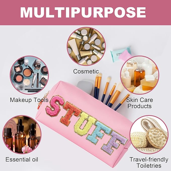 Preppy Patch Stuff Portable Makeup Bag Bulk Pu Leather Cosmetic Bag Waterproof Travel Organizer Zipper Pouch Storage Purse for Women Girls Gift (HZB-FS-CS-STUFF)