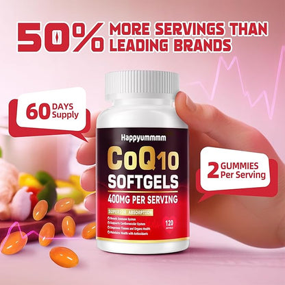 CoQ10-400mg-Softgels with PQQ, BioPerine & Omega-3, Coenzyme Q10(Ubiquinone) Supplement for High-Absorption, Powerful-Antioxidant, Support Heart & Energy-Production, 120 Servings.