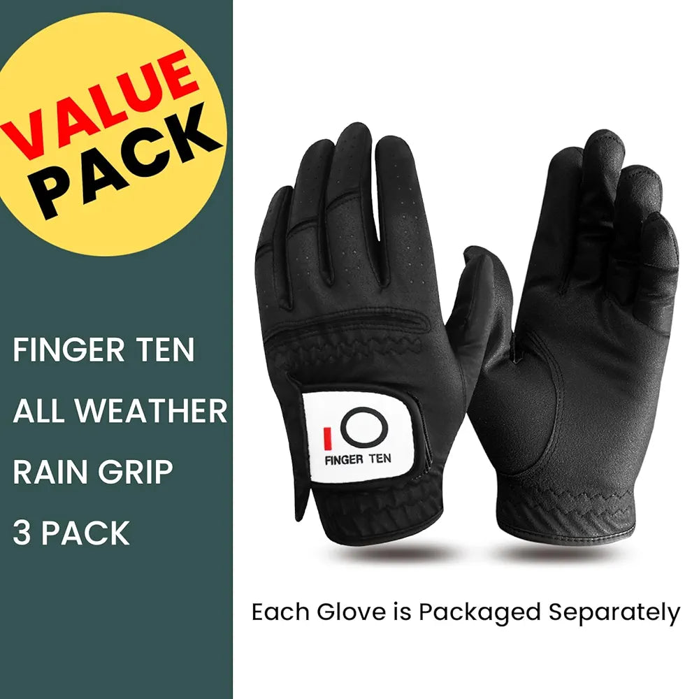 FINGER TEN Golf Gloves Men Left Hand Rain Grip Glove for Right Handed Golfer Value 3 Pack, All Weather Durable Grip Size Small Medium Large XL White Black Blue