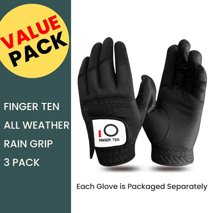 FINGER TEN Golf Gloves Men Left Hand Rain Grip Glove for Right Handed Golfer Value 3 Pack, All Weather Durable Grip Size Small Medium Large XL White Black Blue