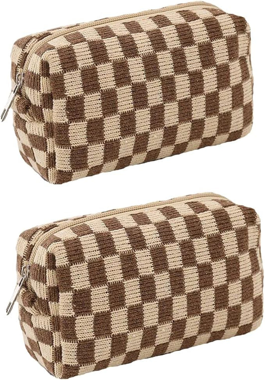 SxoSyo 2 Pcs Cosmetic Bags for Women Makeup Bag Purse Travel Toiletry Zipper Storage Pouch Make up Brushes Organizer for Gifts (Checkered, Brown 2)