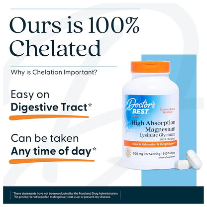 Doctor’s Best High Absorption Magnesium Glycinate Lysinate Supplement - 100% Chelated for Maximum Absorption - Magnesium for Sleep and Muscle Relaxation - 200 Mg Per Serving - 240 Tablets