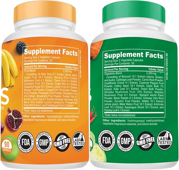 Fruit and Veggie Supplements-Made in USA-180 Fruits, 180 Veggies Capsules to Boost Energy Level -Whole Food Fruits and Vegetable from Super Foods-Soy & Vegan Free (Pack of 4)