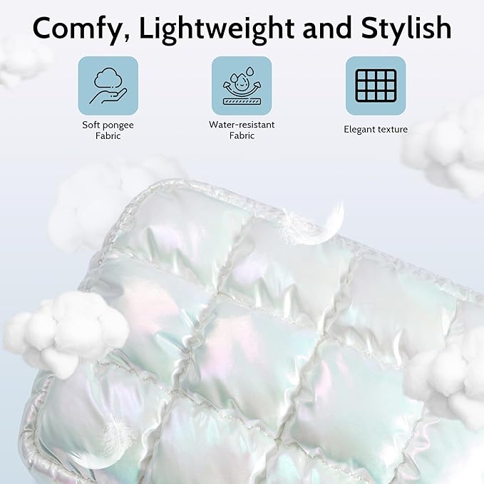 Quilted Cosmetic Bag, Puffer Makeup Bags, Crossbody Purses for women,Cute Travel Toiletry Bag for Women (Dazzling White)