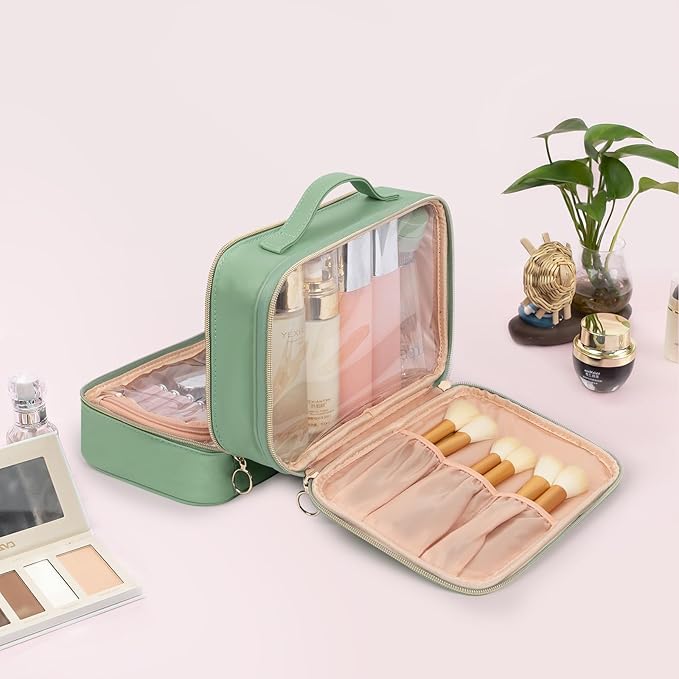 OCHEAL Makeup Bag, Double Layer Cosmetic Bag, Large Capacity New Look Clear Cosmetic Case for Women Travel Beauty Essentials, Multiple Compartments Makeup Case Organizer Zipper Pouch -Light Green