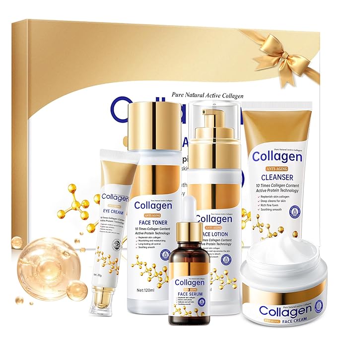 Collagen Skin Care Set, Anti Aging Skincare Gift Set for Wrinkles & Fine Lines, Shrink Pores, Hydrate & Firm Skin, 6 Pcs Skincare Kits for Women with Cleanser, Toner, Lotion, Serum, Cream, Eye Cream.