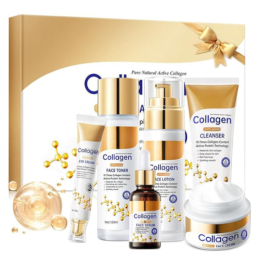 Collagen Skin Care Set, Anti Aging Skincare Gift Set for Wrinkles & Fine Lines, Shrink Pores, Hydrate & Firm Skin, 6 Pcs Skincare Kits for Women with Cleanser, Toner, Lotion, Serum, Cream, Eye Cream.