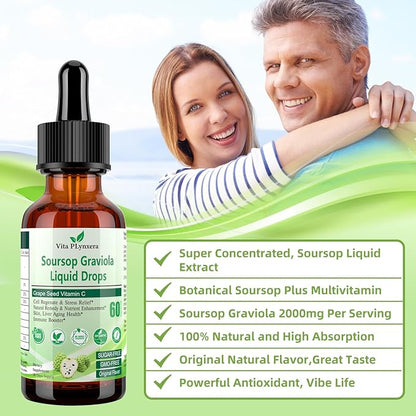 Soursop Graviola Liquid Drops, Soursop Extract Multivitamin Drops w. Sea Moss, Grape Seed, Super Concentrated Unrefined Soursop Oil Organic for Skin Immune Boost Detox, Soursop Bitters Liquid 2 Fl/Oz