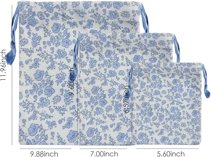 LYDZTION 4pcs Floral Drawstring Makeup Bags Pouches For Purse, Small Canvas Cloth Gift Bags Pouch For Cosmetics Jewerlry Home Travel Storage,Blue