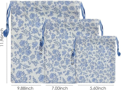 LYDZTION 4pcs Floral Drawstring Makeup Bags Pouches For Purse, Small Canvas Cloth Gift Bags Pouch For Cosmetics Jewerlry Home Travel Storage,Blue