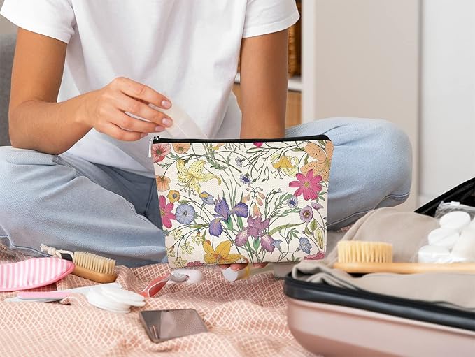 Vintage Cottagecore Watercolor Summer Wildflowers Makeup Bag,Colorful Floral Cosmetic Bag Best Gift Idea for Flower Lover Girls Women Mom,Zipper Travel Toiletry Bag Birthday Mother's Day Gifts for Mom
