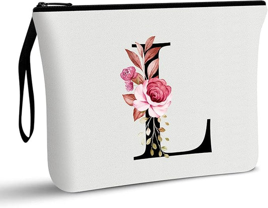 Vavabox A-Z Personalized Makeup Bag, Birthday Gifts for Women Mom, Gifts for Best Friend, Bride Bridesmaid Cosmetic bag (L, White)