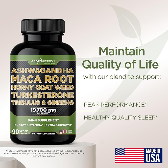 Ashwagandha - Maca Root - Horny Goat Weed - Turkesterone - Tribulus - Ginseng, 90 Capsules - Made in USA