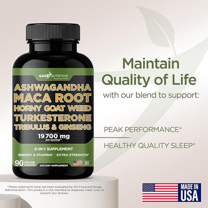 Ashwagandha - Maca Root - Horny Goat Weed - Turkesterone - Tribulus - Ginseng, 90 Capsules - Made in USA