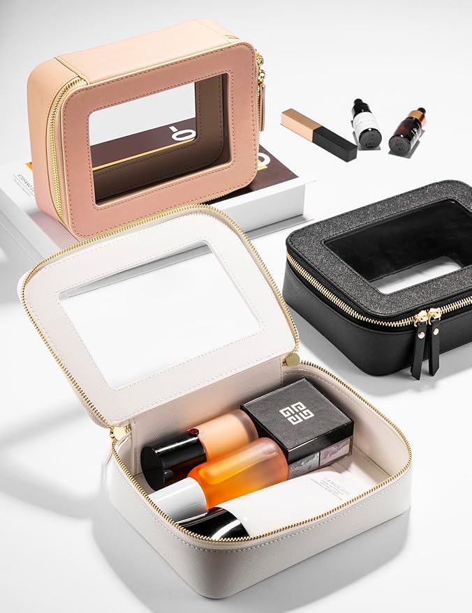 Keains Clear Makeup Bag for Women，Cosmetic Organizer Case Transparent Waterproof Travel Toiletry Bag with Zipper，Portable Make Up Organizer Traveling Compact Car Bag for Essentials（Off White）