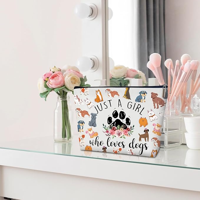 Makeup Bag - Just A Girl Who Loves Dogs, Inspirational Gift for Her, BFF, Dog Owner, Sister, Friend, Daughter