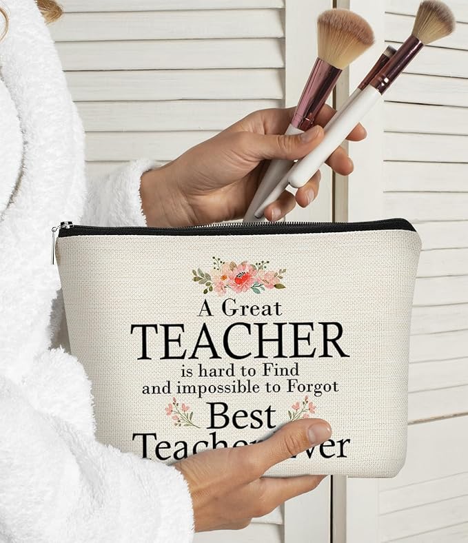 Teacher Appreciation Gifts for Women - Best Teacher Ever Cosmetic Bag - Small Travel Makeup Organizer