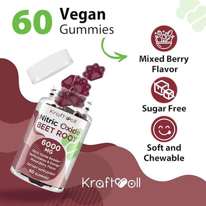 Nitric Oxide Beet Root Gummies 6000MG Supplements, Grapeseed Powder, Pomegranate Powder, Vitamin C and B12 - Beet Chewables Mixed Berry Flavor - 60 Gummies (2 Bottle)