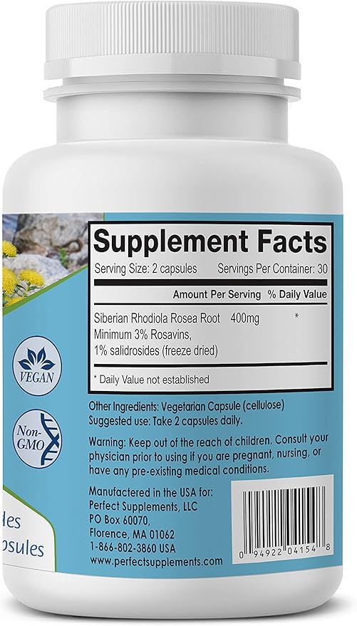 Perfect Supplements – Perfect Rhodiola Rosea – 60 Capsules – Natural Adaptogen Supplement – Increases Energy – Better Focus – 2 Pack