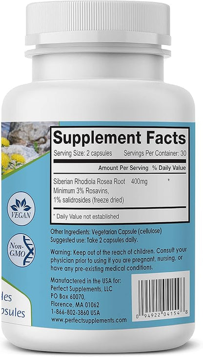 Perfect Supplements – Perfect Rhodiola Rosea – 60 Capsules – Natural Adaptogen Supplement – Increases Energy – Better Focus – 2 Pack