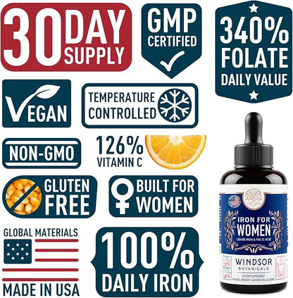 Liquid Iron Supplement for Women 2-Pack - Folic Acid, Vitamin C, Vegan Liquid Iron Supplements for Anemia, Menstruation, Pregnancy Support - Iron Liquid Drops Orange Flavor - 2x2oz