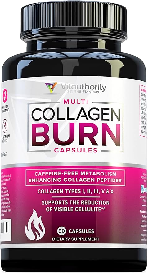 Multi Collagen Burn: Multi-Type Hydrolyzed Protein Peptides with Hyaluronic Acid, Vitamin C, SOD B Dimpless, Types I, II, III, V and X Collagen, Caffeine-Free (Unflavored Capsules)