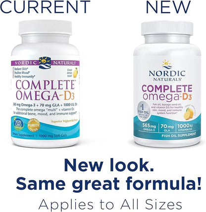 Nordic Naturals Complete Omega-D3, Lemon Flavor - 120 Soft Gels - 565 mg Omega-3 + 70 mg GLA + 1000 IU Vitamin D3 - EPA & DHA - Healthy Skin & Joints, Cognition, Positive Mood - Non-GMO - 60 Servings