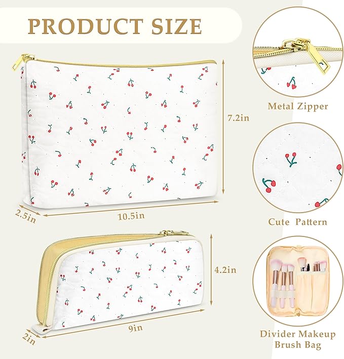 Quilted makeup bag Set for Women, Floral Cotton Makeup Bag Travel Cosmetic Pouch for Girls Make Up Organizer, Gift for Mothers Day, Birthday Gift for Her - Cherry