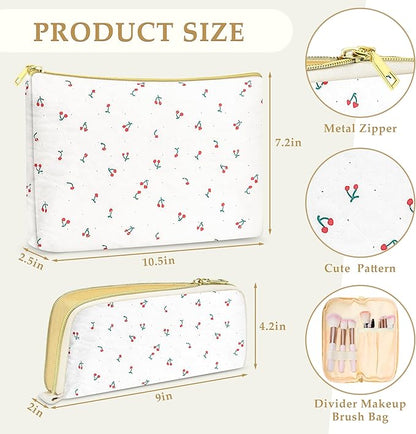 Quilted makeup bag Set for Women, Floral Cotton Makeup Bag Travel Cosmetic Pouch for Girls Make Up Organizer, Gift for Mothers Day, Birthday Gift for Her - Cherry