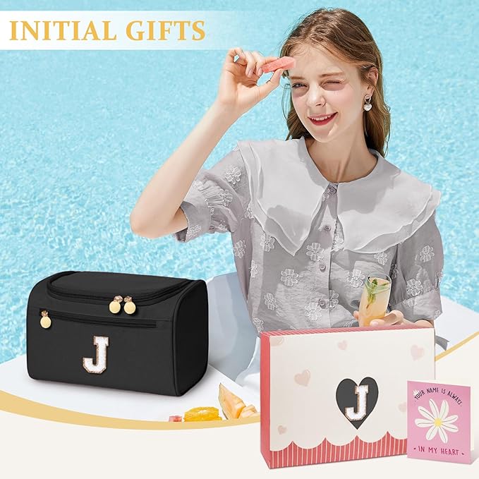 COSHAYSOO Cool First Communion Confirmation Gifts Baptism Dance Recital Trip Favor Gifts for Women Teen Girls Travel, Monogrammed Initial Hanging Toiletry Bag Waterproof Toiletries Black Letter J