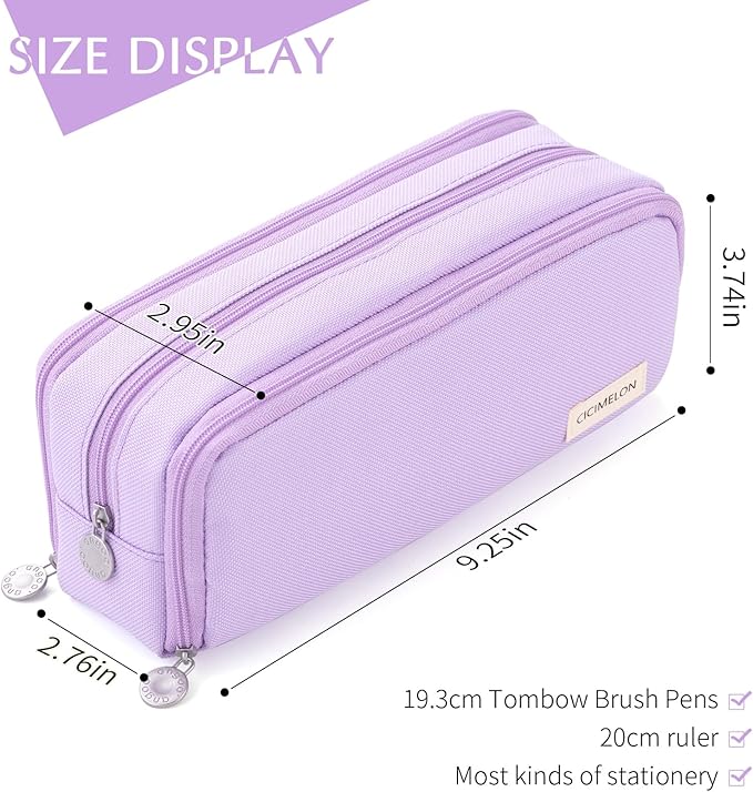 CICIMELON Large Capacity Pencil Case 3 Compartment Pouch Pen Bag for School Teen Girl Boy Men Women (Purple)