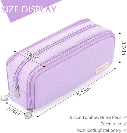 CICIMELON Large Capacity Pencil Case 3 Compartment Pouch Pen Bag for School Teen Girl Boy Men Women (Purple)