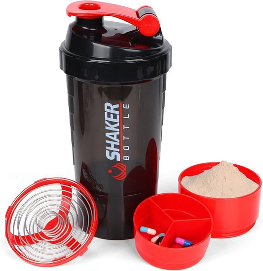 XTK Shaker Bottle 16OZ Protein Shaker Bottles with Mix Ball Sports Water Bottle Leak Proof GYM Cup for Protein Mixes with Powder Storage & Pill Organizer, Ideal for Pre Workout,BPA Free(red)