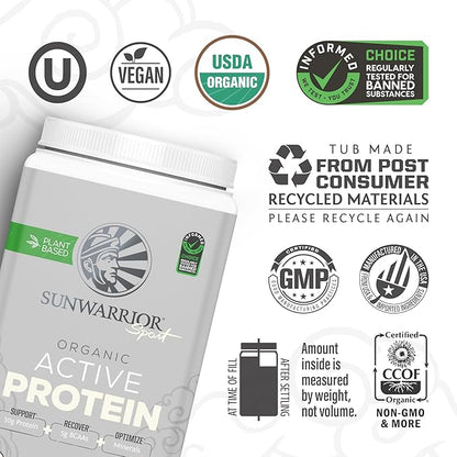 Sunwarrior Vegan Protein Powder USDA Organic Protein Powder Blend| Plant-Based BCAA Sugar Free Gluten Free Non-GMO Dairy Free | Cake Batter Flavored 20 Servings | Sport Organic Active Protein